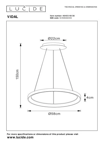 Lucide VIDAL - Hanglamp - Ø 58 cm - LED Dimb. - 1x48W 2700K - Zwart - technisch